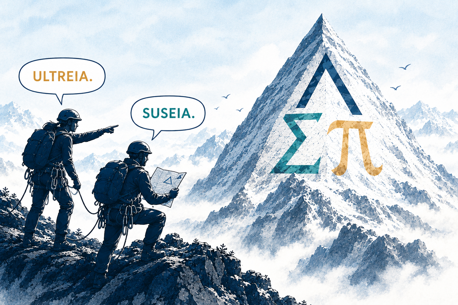 Deux alpinistes encordés face à une montagne pyramidale portant les lettres ΣΠ, bulles de dialogue « ULTREIA. » et « SUSEIA. »